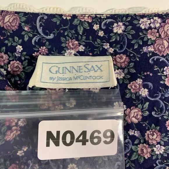 Gunne Sax S Vintage Lace Floral Print Short Sleeve Gunnie Dress Dark Blue *flaw - Picture 3 of 8